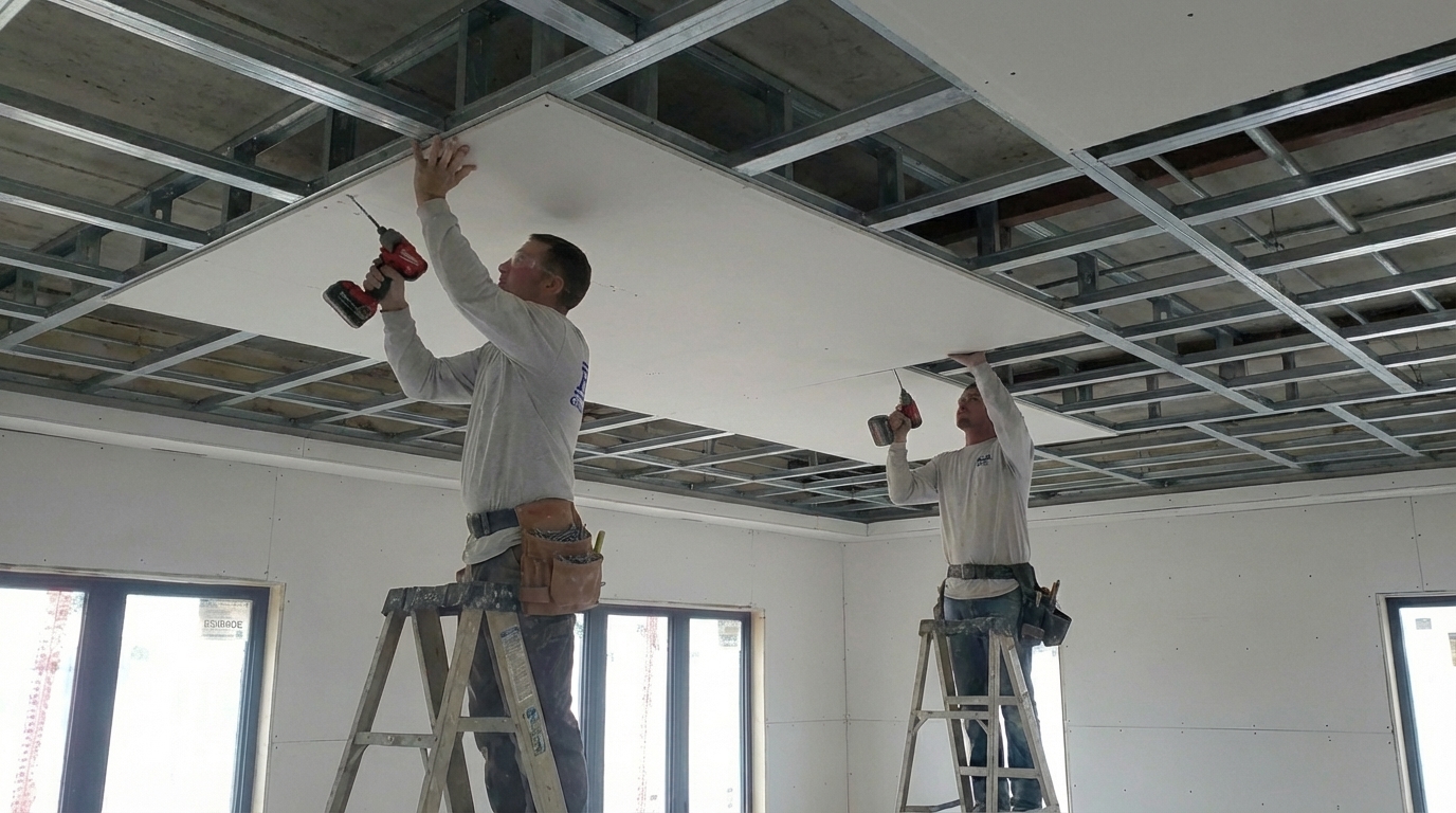 Drywall hanging in progress