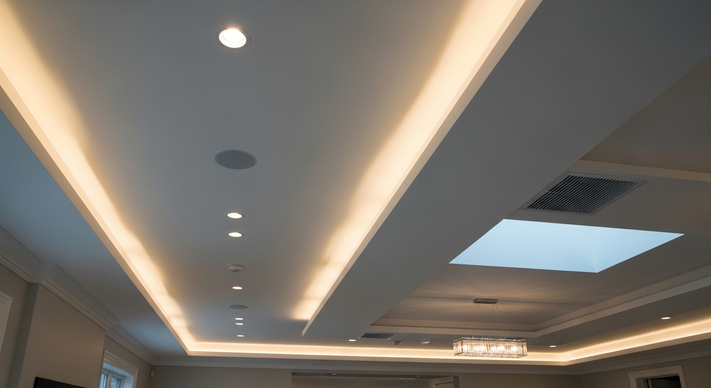 Finished ceiling with recessed lighting and chandelier