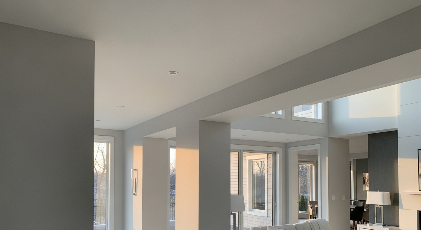 Open concept smooth ceiling with beams