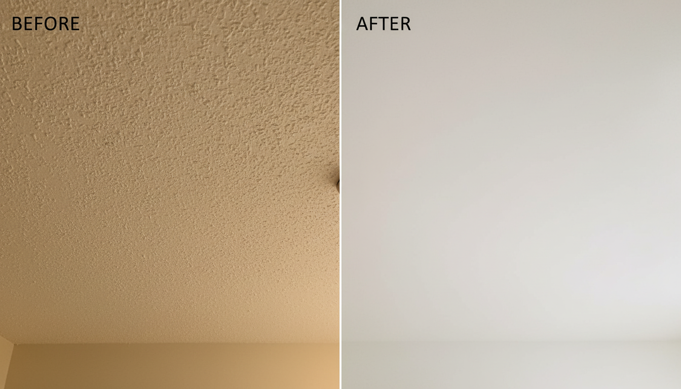 Popcorn ceiling close-up before and after